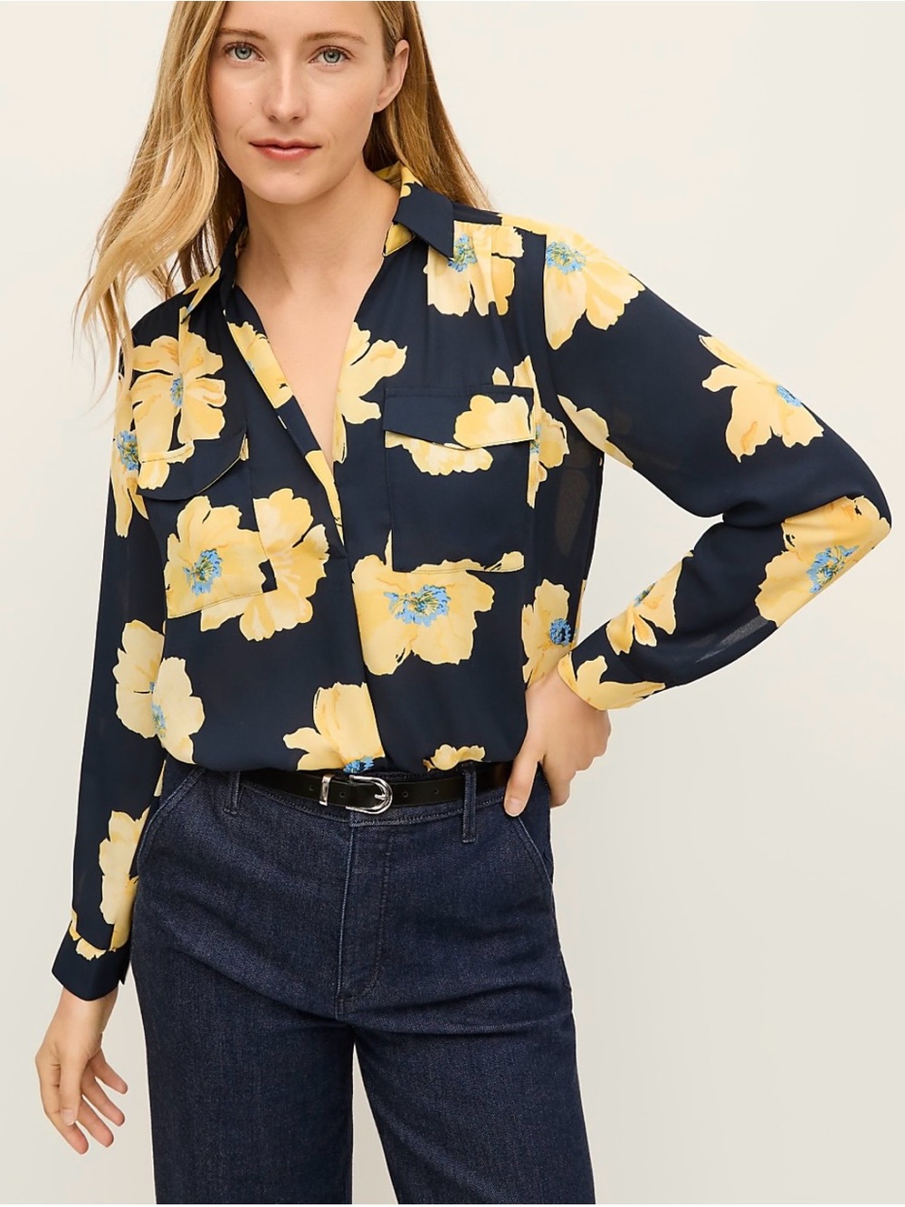Ann Taylor Navy Blouse with Yellow Floral Print and Blue Accent